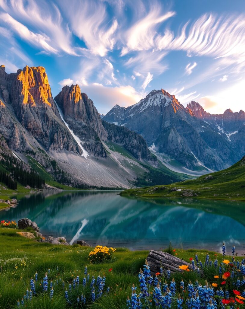 Majestic Mountain Peaks at Sunrise – free AI stock image
