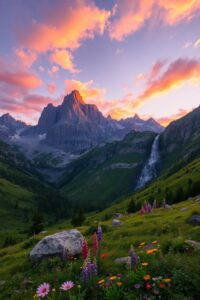 Majestic Mountain Peaks Under a Golden Sunset – free AI stock image