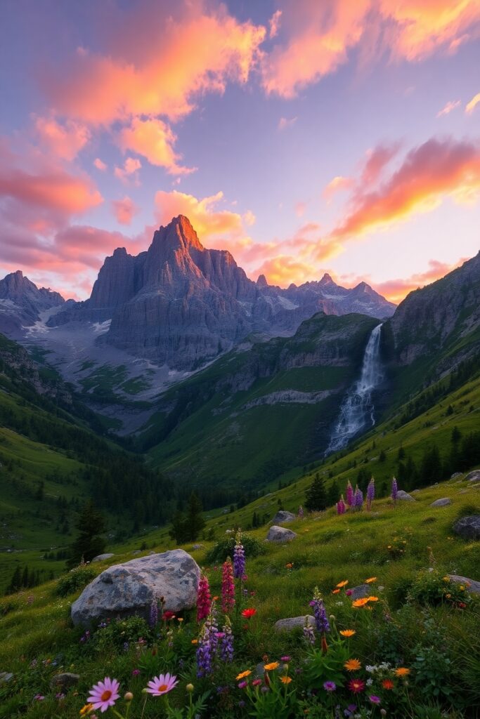 Majestic Mountain Peaks Under a Golden Sunset – free AI stock image
