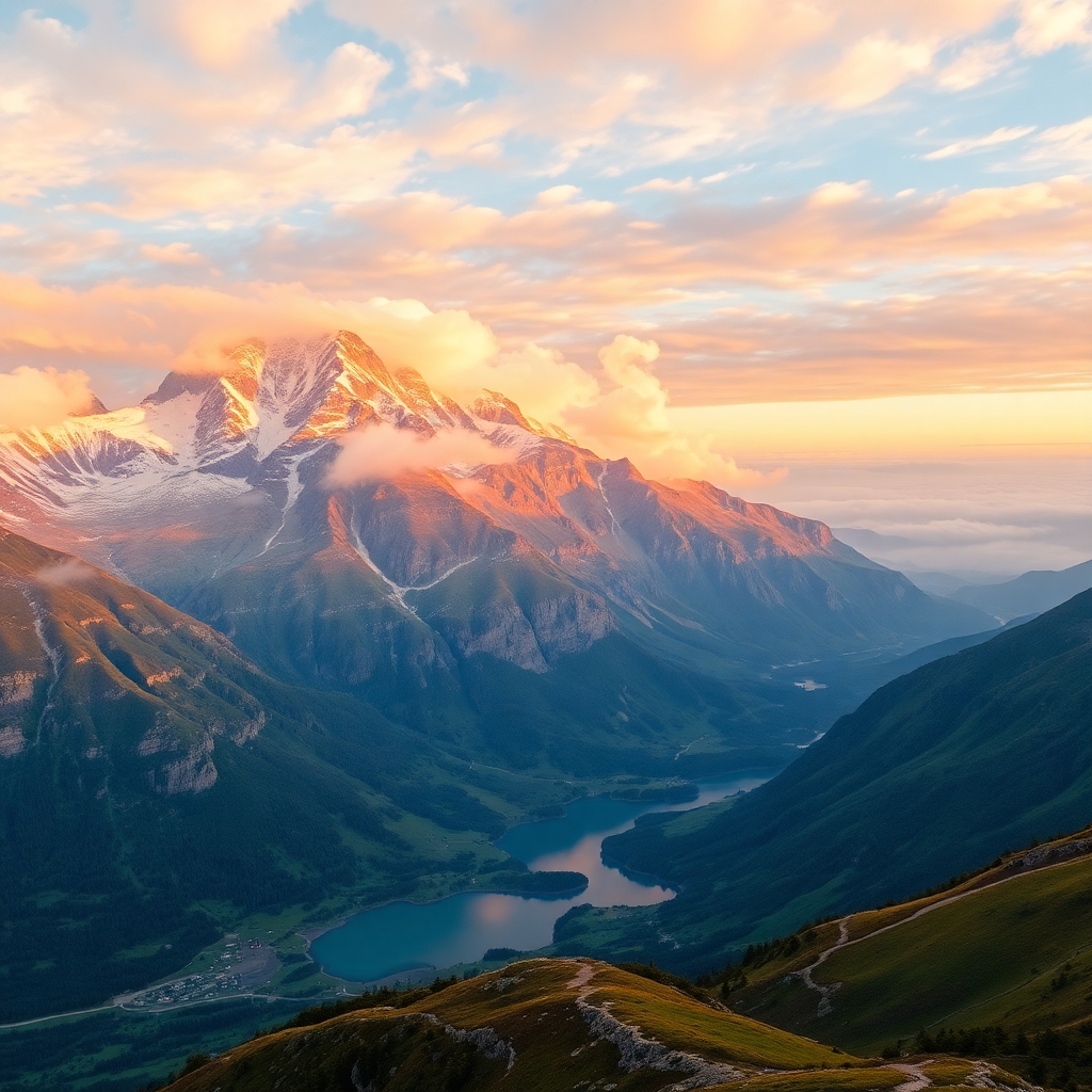 Majestic Mountain Range at Sunrise – free AI stock image