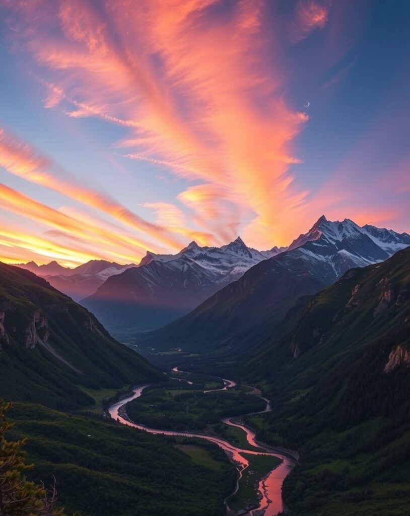 Majestic Mountain Range at Sunrise – free AI stock image