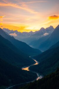 Majestic Mountain Range at Sunrise – free AI stock image