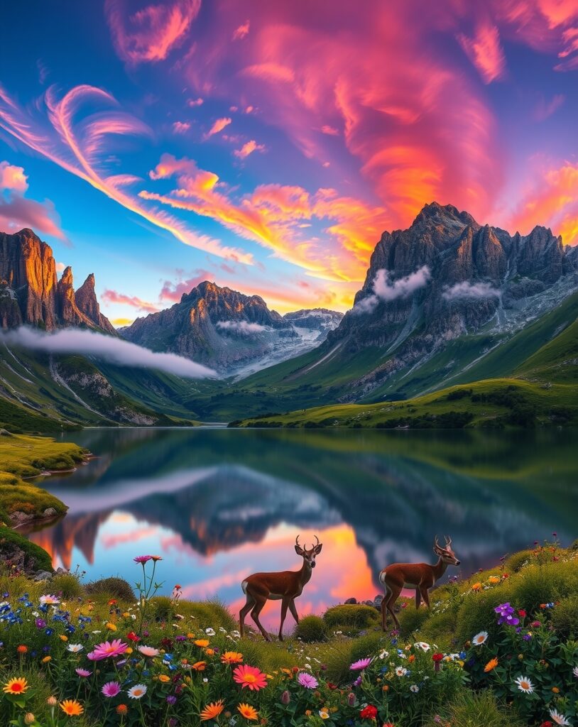 Majestic Mountain Range at Sunset – free AI stock image