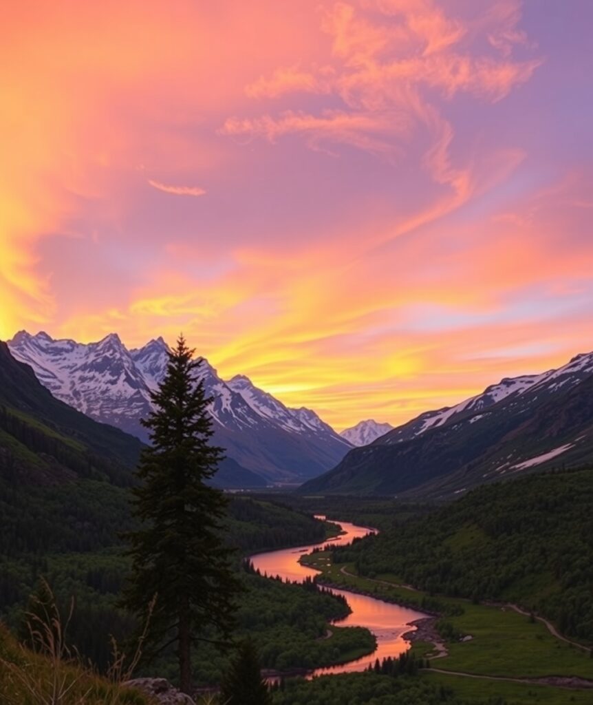Majestic Mountain Range at Sunset – free AI stock image