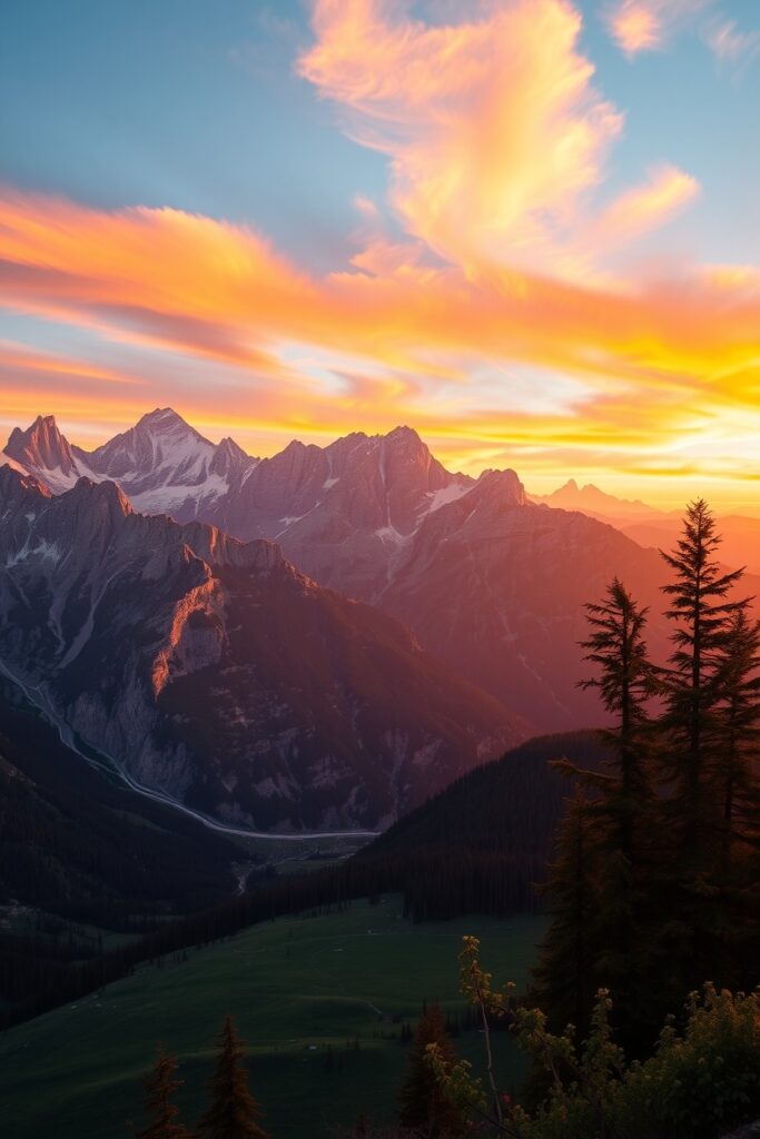 Majestic Mountain Range at Sunset – free AI stock image