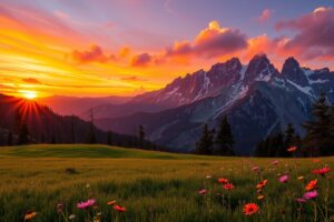 Majestic Mountain Range at Sunset – free AI stock image