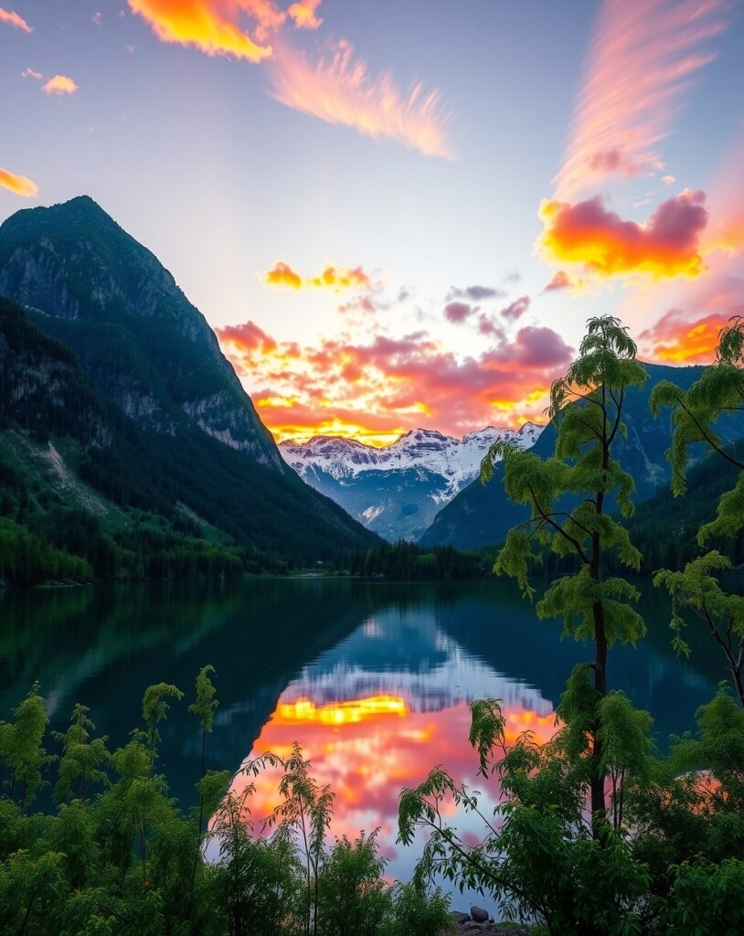 Majestic Mountain Reflection Over Calm Lake – free AI stock image