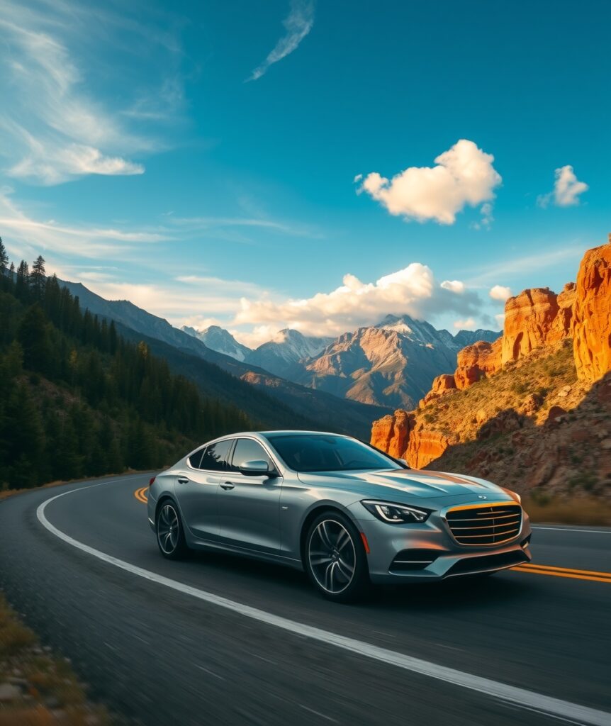 Majestic Mountain Road Trip Adventure – free AI stock image