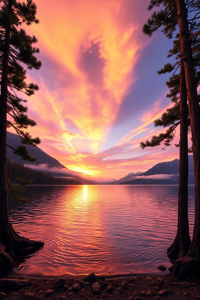 Majestic Mountain Sunrise Over Serene Lake – free AI stock image