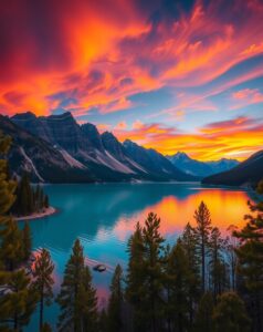 Majestic Mountain Sunset Over Serene Lake – free AI stock image