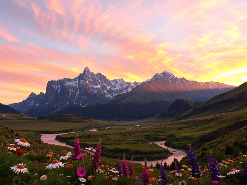 Majestic Mountain Valley at Sunrise – free AI stock image