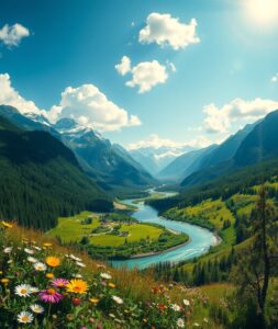 Majestic Mountain Valley Under Clear Skies – free AI stock image