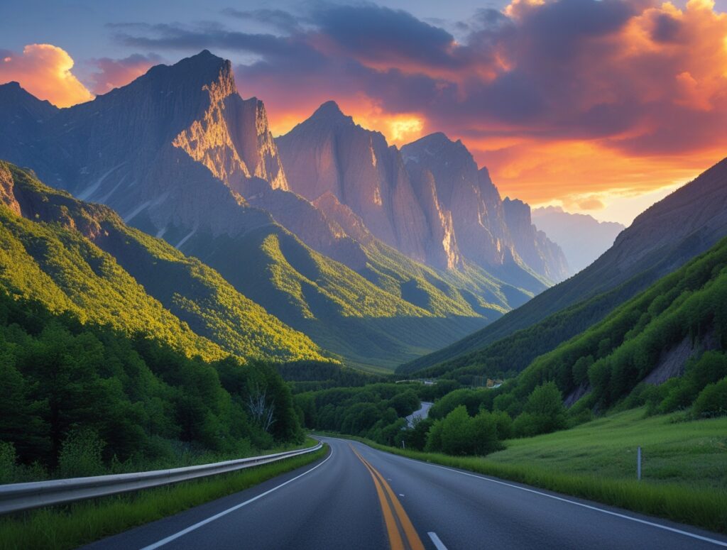 Majestic Mountains Along a Scenic Highway – free AI stock image