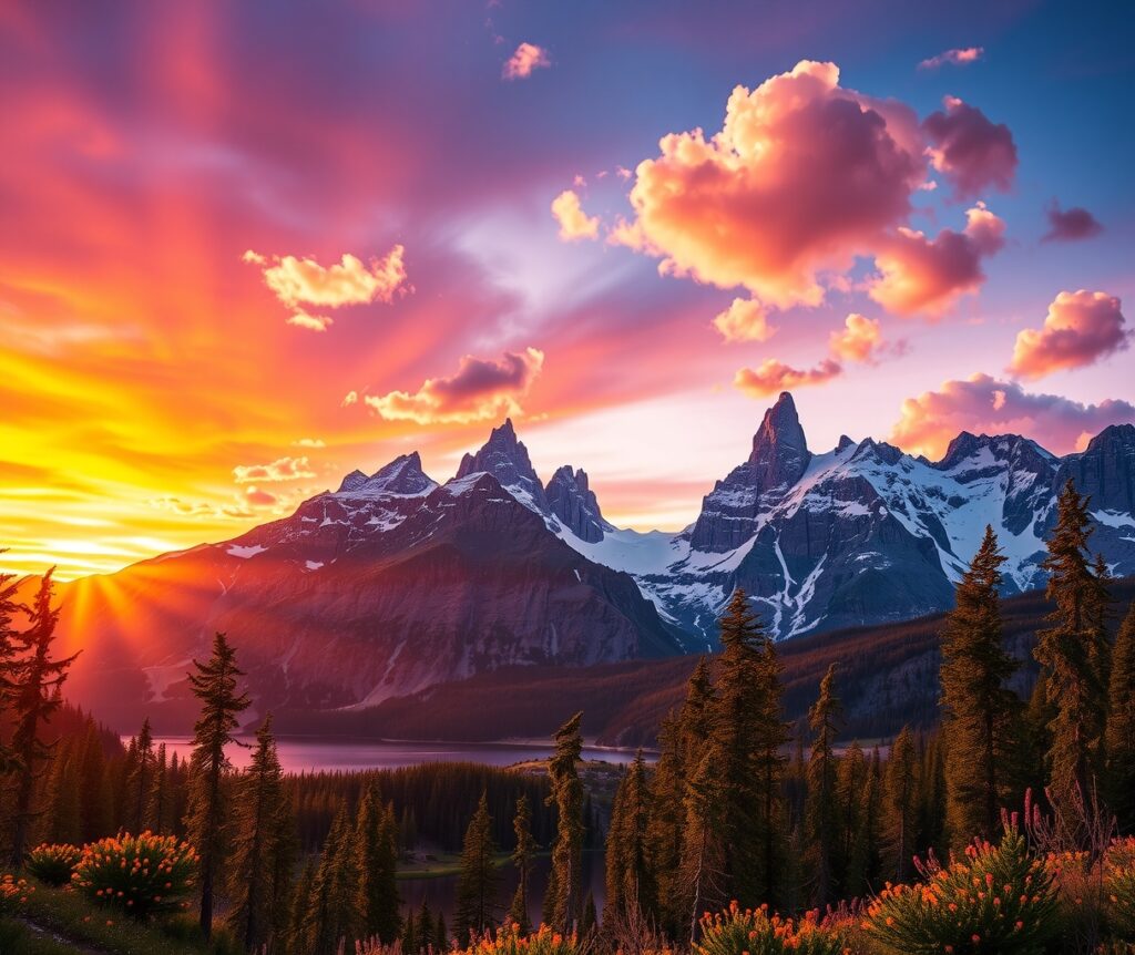 Majestic Mountains at Sunset – free AI stock image