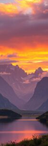 Majestic Mountains at Sunset with Cloud Reflections – free AI stock image