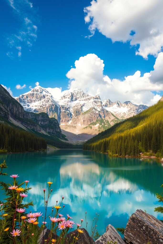 Majestic Mountains Embracing a Serene Lake – free AI stock image