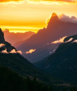 Majestic Mountains Under a Golden Sunset – free AI stock image