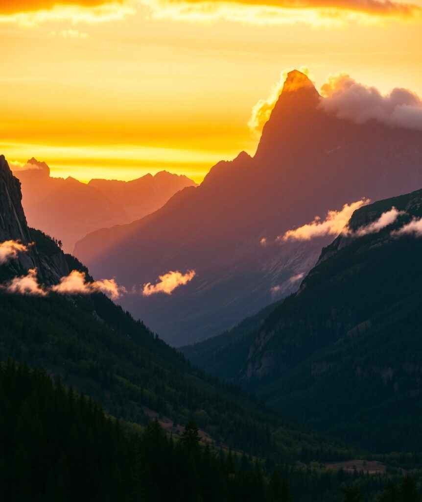 Majestic Mountains Under a Golden Sunset – free AI stock image