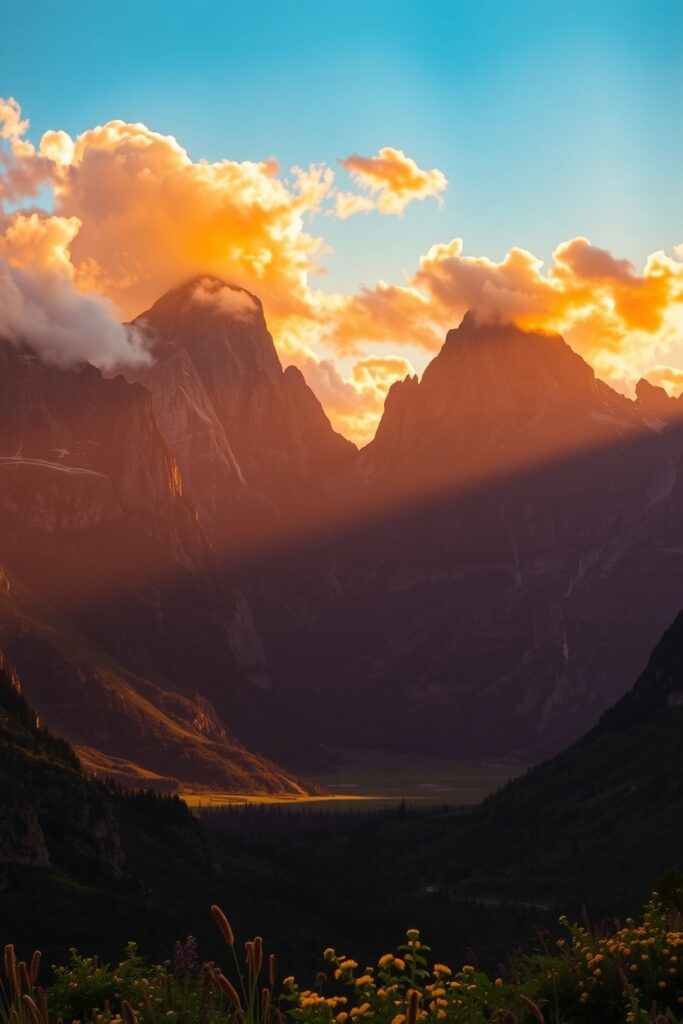 Majestic Mountains Under a Golden Sunset – free AI stock image
