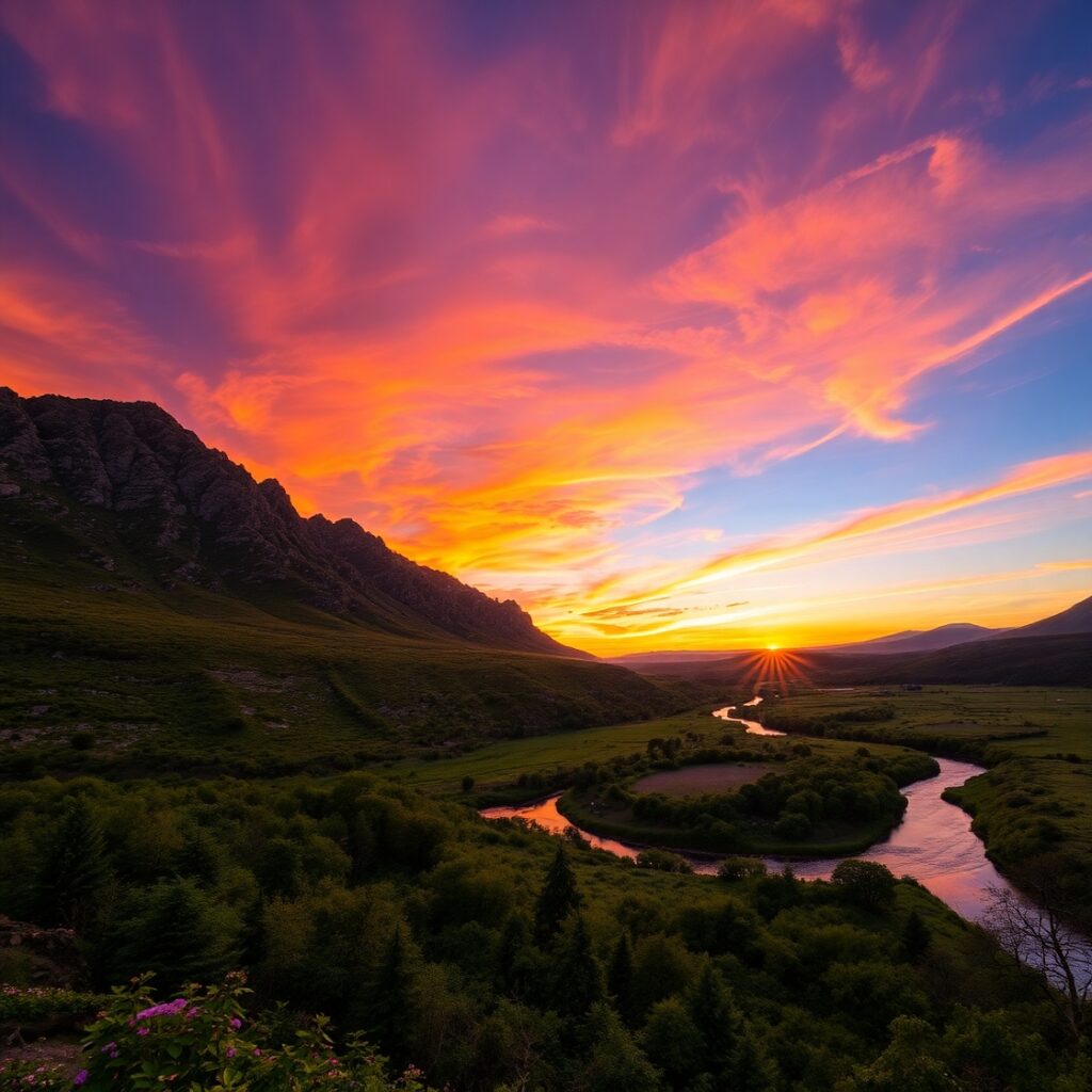 Majestic Mountains Under a Sunset Sky – free AI stock image