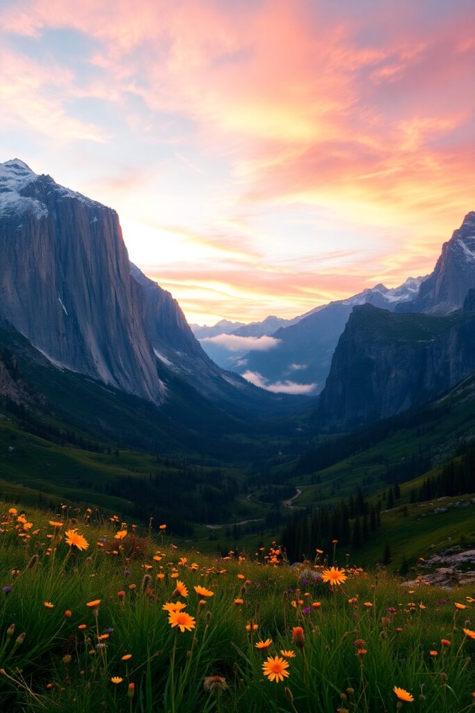 Majestic Mountains Under a Vibrant Sky – free AI stock image