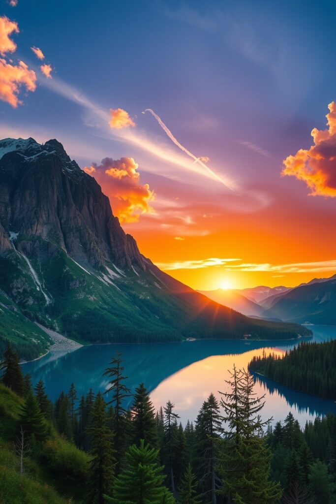 Majestic Mountains Under a Vibrant Sunset – free AI stock image