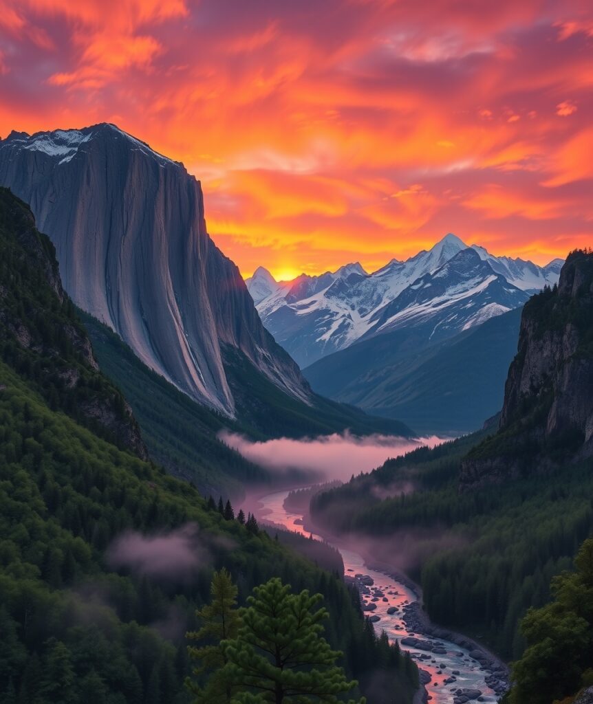 Majestic Mountains Under a Vibrant Sunset – free AI stock image