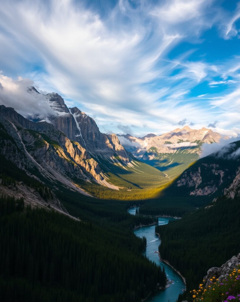 Majestic Mountains Under a Cloudy Sky – free AI stock image