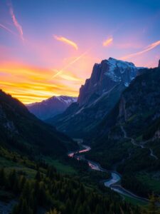 Majestic Mountains Under Vibrant Sunset – free AI stock image