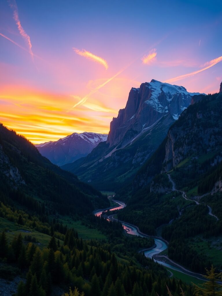 Majestic Mountains Under Vibrant Sunset – free AI stock image
