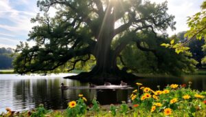 Majestic Oak by Tranquil Lake – free AI stock image