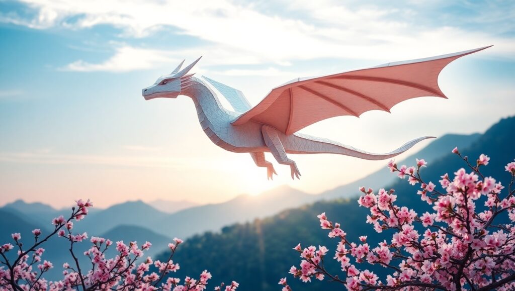 Majestic Origami Dragon in Flight – free AI stock image
