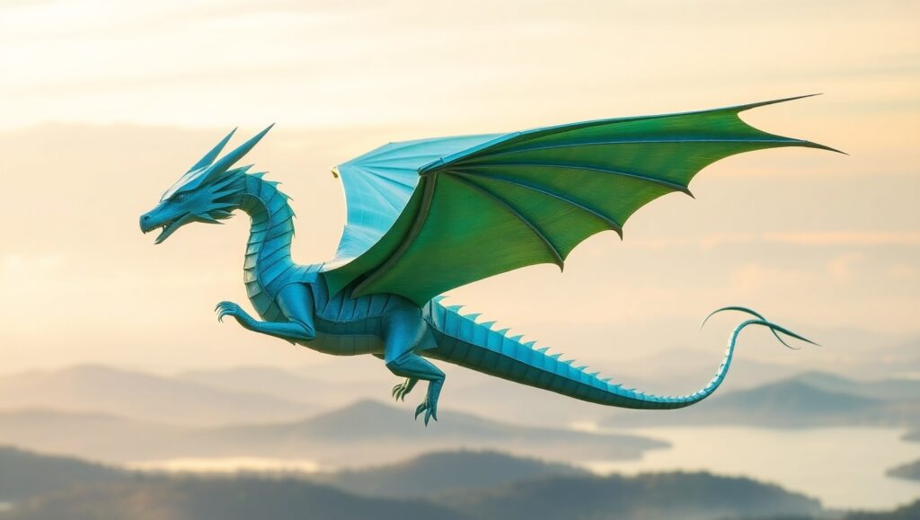 Majestic Origami Dragon in Flight – free AI stock image