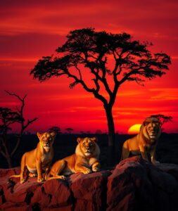 A Majestic Pride of Lions at Sunset – free AI stock image