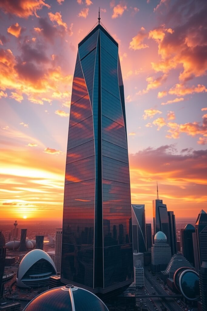 Majestic Skyscraper Against a Sunset Sky – free AI stock image