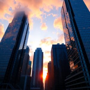 Majestic Skyscrapers Against a Sunset Sky – free AI stock image