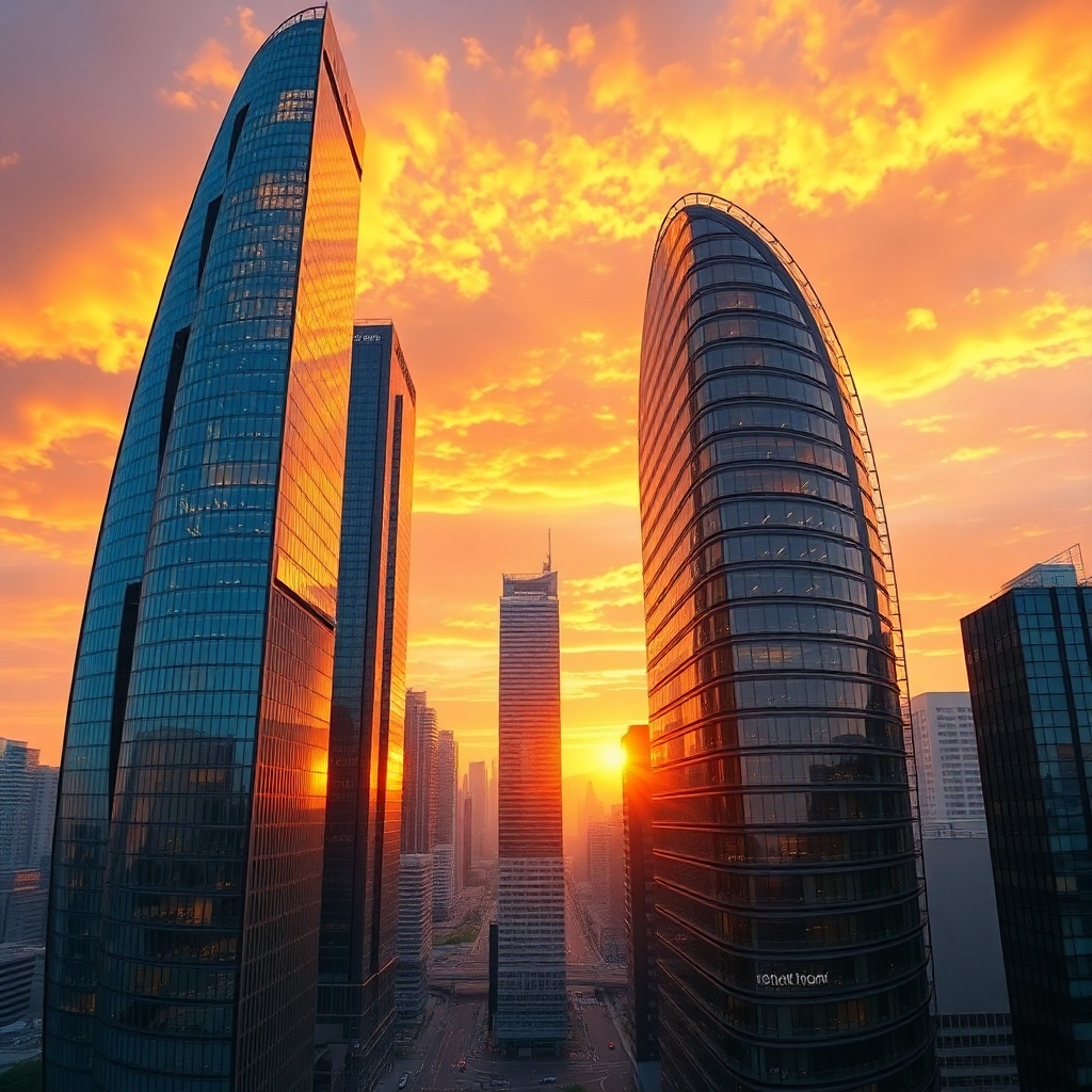 Majestic Skyscrapers Against a Sunset Sky – free AI stock image