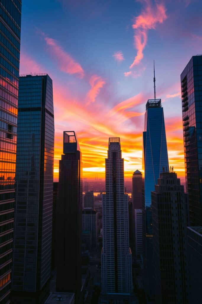 Majestic Skyscrapers Against the Sunset Sky – free AI stock image