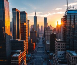 Majestic Skyscrapers Under Golden Hour – free AI stock image