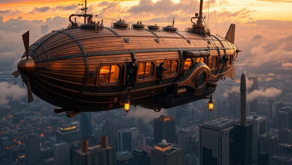 Majestic Steampunk Airship in Flight – free AI stock image