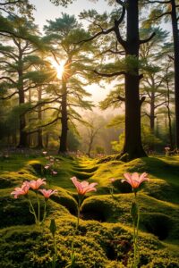 Majestic Sunrise Over Enchanted Forest – free AI stock image