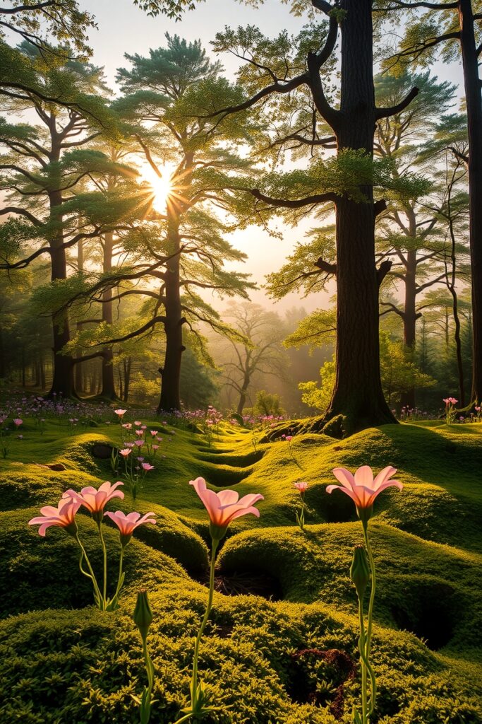 Majestic Sunrise Over Enchanted Forest – free AI stock image
