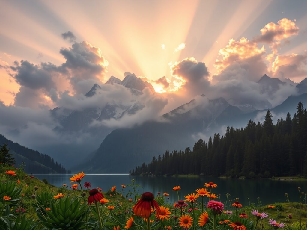 Majestic Sunrise Over Misty Mountain Range – free AI stock image