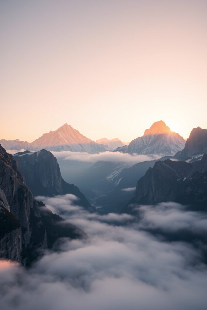 Majestic Sunrise Over Misty Mountain Range – free AI stock image