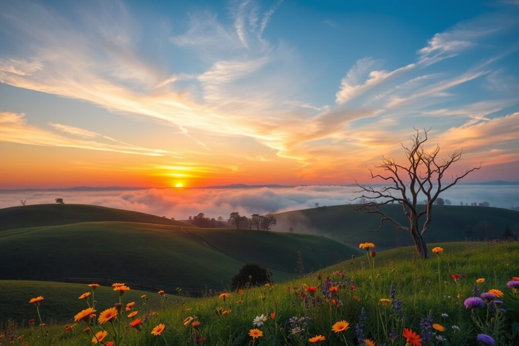 Majestic Sunrise Over Rolling Hills – free AI stock image