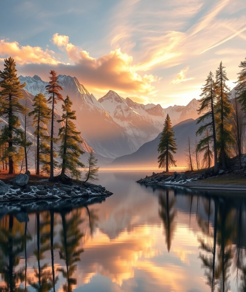 Majestic Sunrise Over Serene Lake – free AI stock image