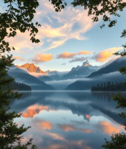 Majestic Sunrise Over Serene Lake – free AI stock image
