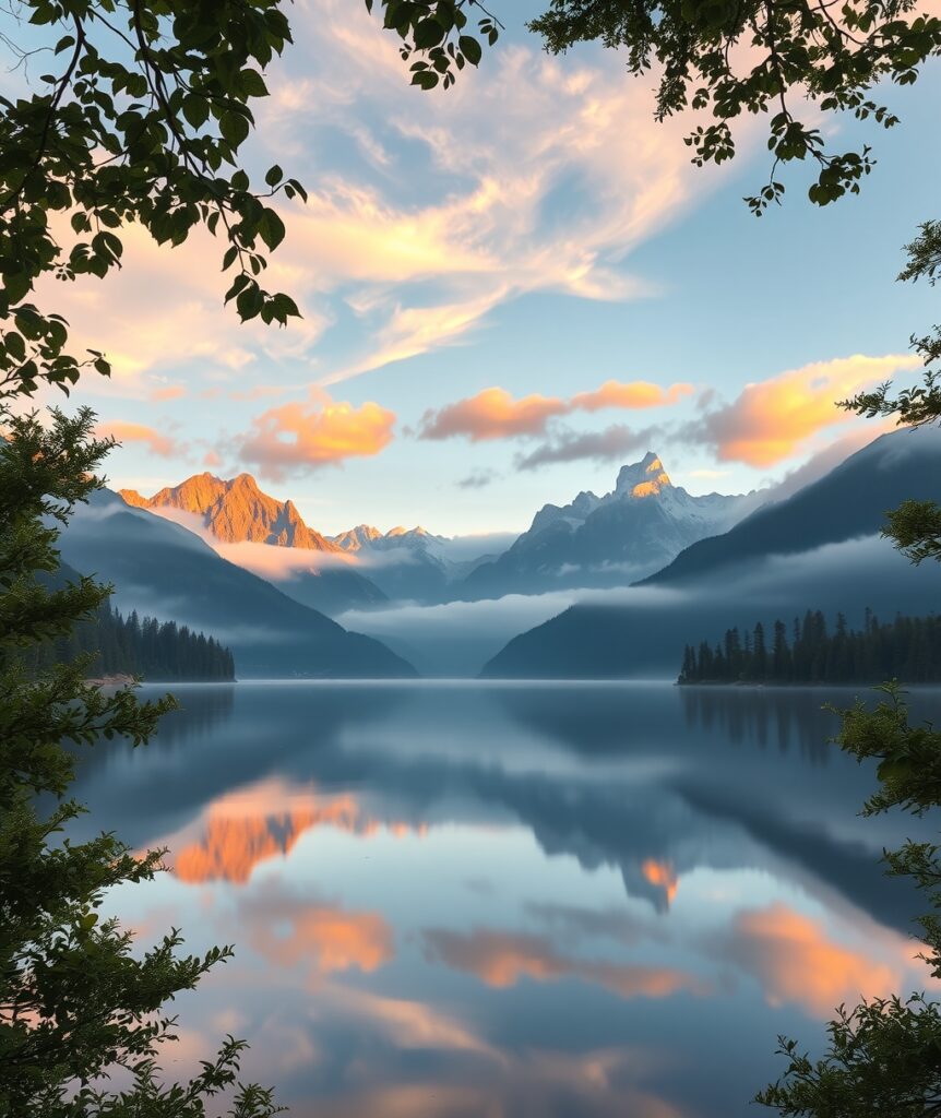 Majestic Sunrise Over Serene Lake – free AI stock image