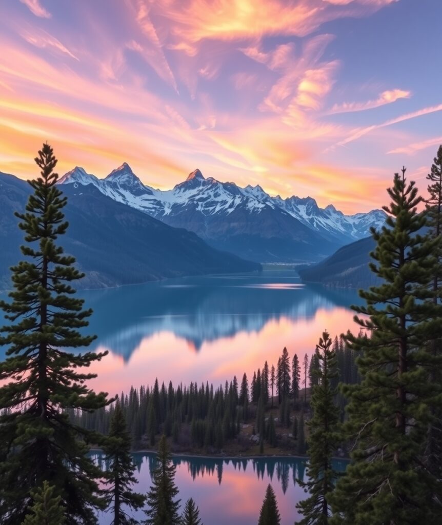 Majestic Sunrise over Serene Lake – free AI stock image