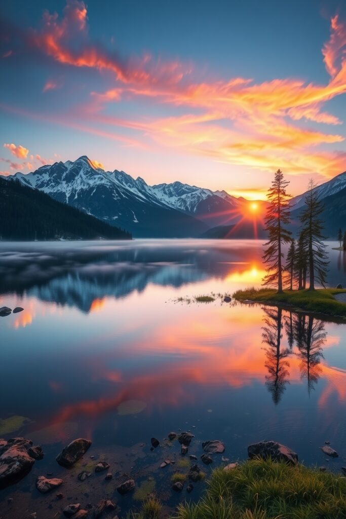 Majestic Sunrise Over Serene Lake – free AI stock image